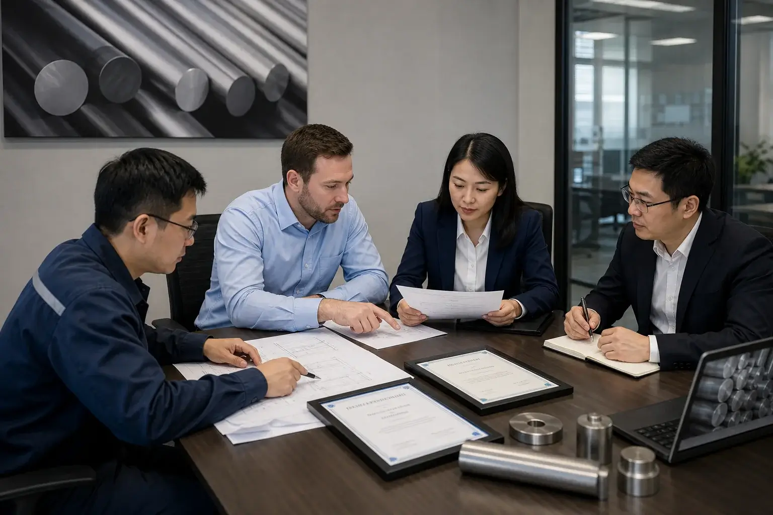 Nickel alloy office team reviewing drawings and material documents