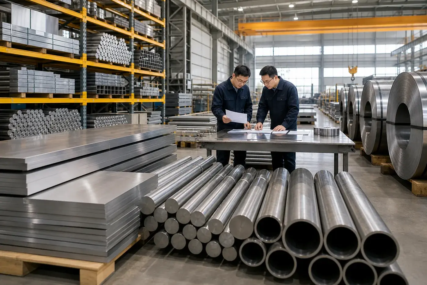 Engineers reviewing nickel alloy raw material documents